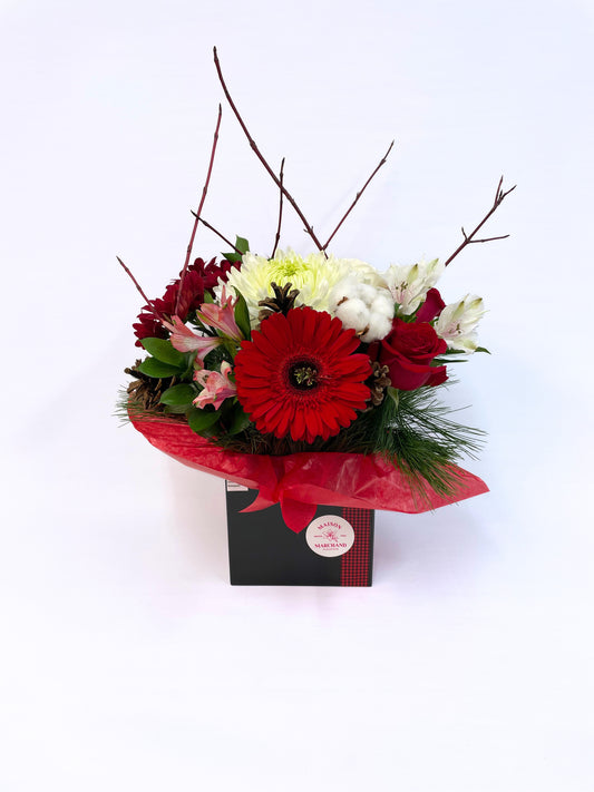 Arrangement floral dans une boîte noire, comprenant des gerberas rouges, des alstroémères blanches et roses, des branches décoratives, du coton et du feuillage vert, agrémenté de papier rouge.